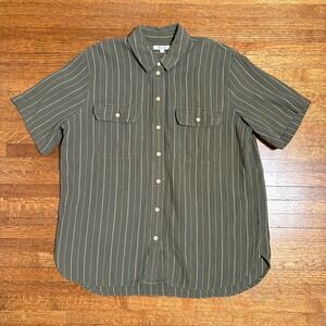 Madewell Womens Button Up‎ Shirt Size L Olive Green White Striped Short Sleeve